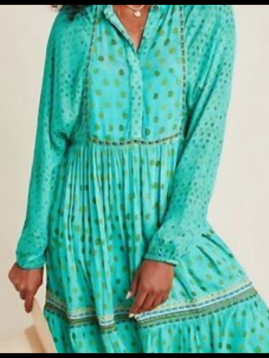 Anthropologie Dresses & Skirts - Anthropologie Bl^nk London Green With Gold Polka Dot Boho Dress